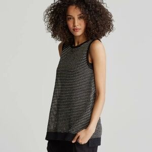 Eileen Fisher Black Tan Mesh Organic Cotton Linen Bateau Tank L Petite NWT